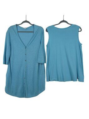 J. Jill Blue Cardigan Tank Set M Lightweight Linen Knit 3/4 Sleeve Button Front